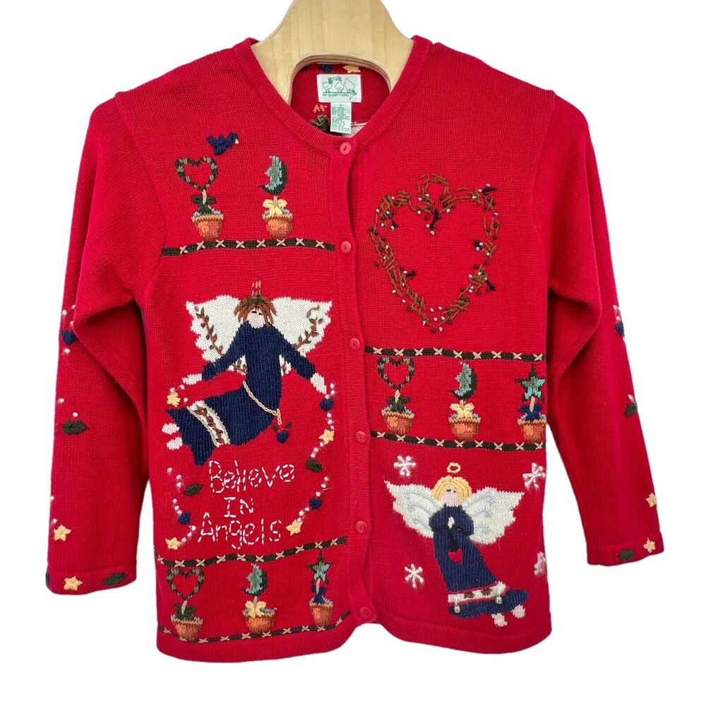 Quacker Factory Red Holiday Christmas‎ Folk Art Angels Cardigan Country Med